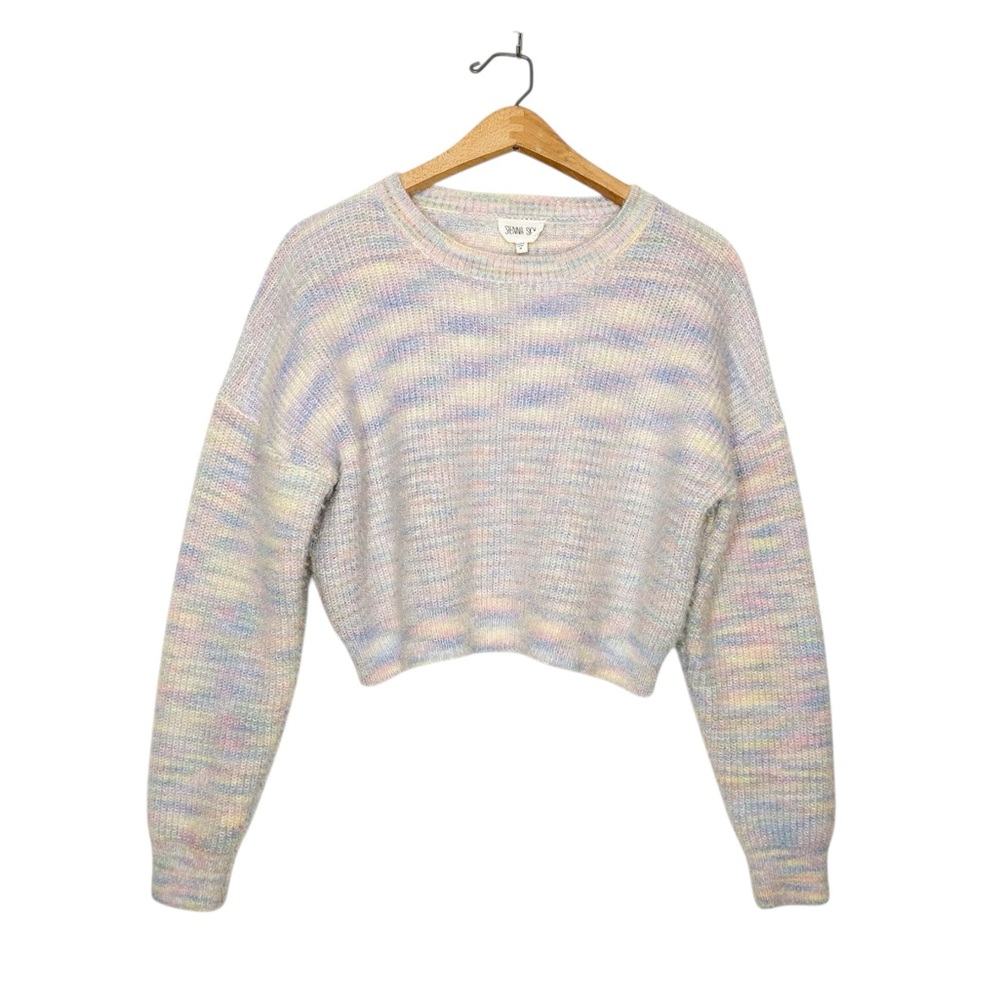 Sienna Sky Fuzzy Knit Pastel Rainbow Cropped Sweater Medium M
